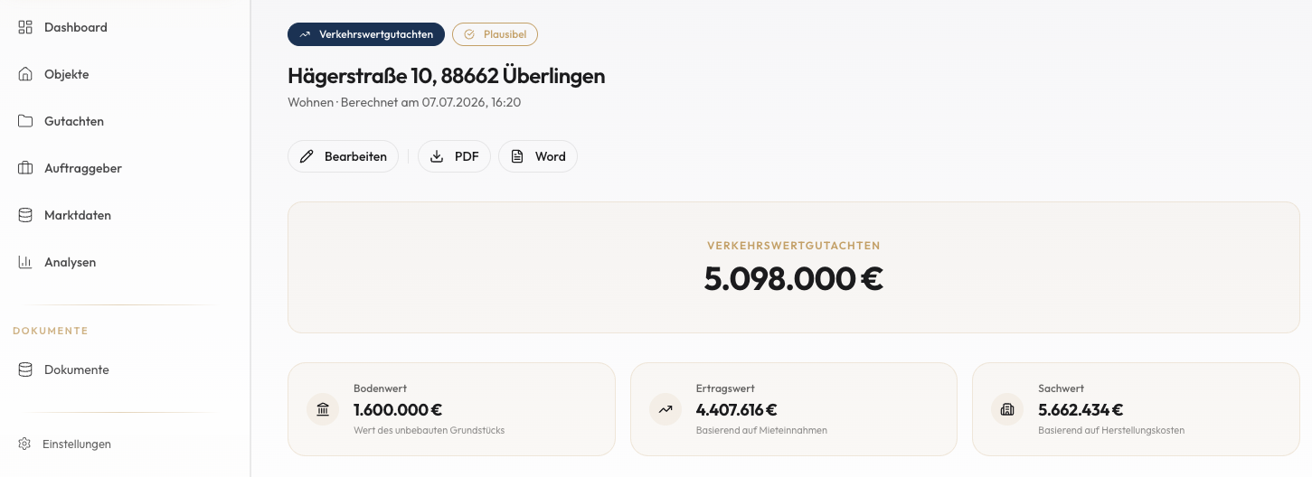Immovaluate — Verkehrswert-Gutachten, Berechnungsansicht